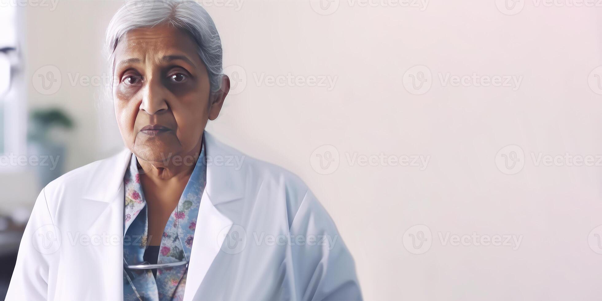retrato do idosos fêmea médico profissional dentro a hospital ou clínica, generativo ai. foto