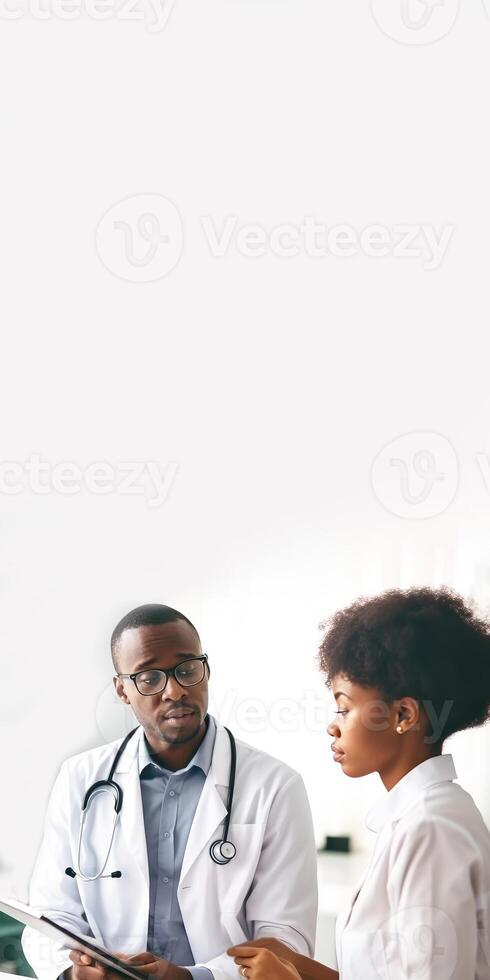 retrato do africano masculino e fêmea médico profissionais discutindo cada de outros dentro hospital, generativo ai. foto