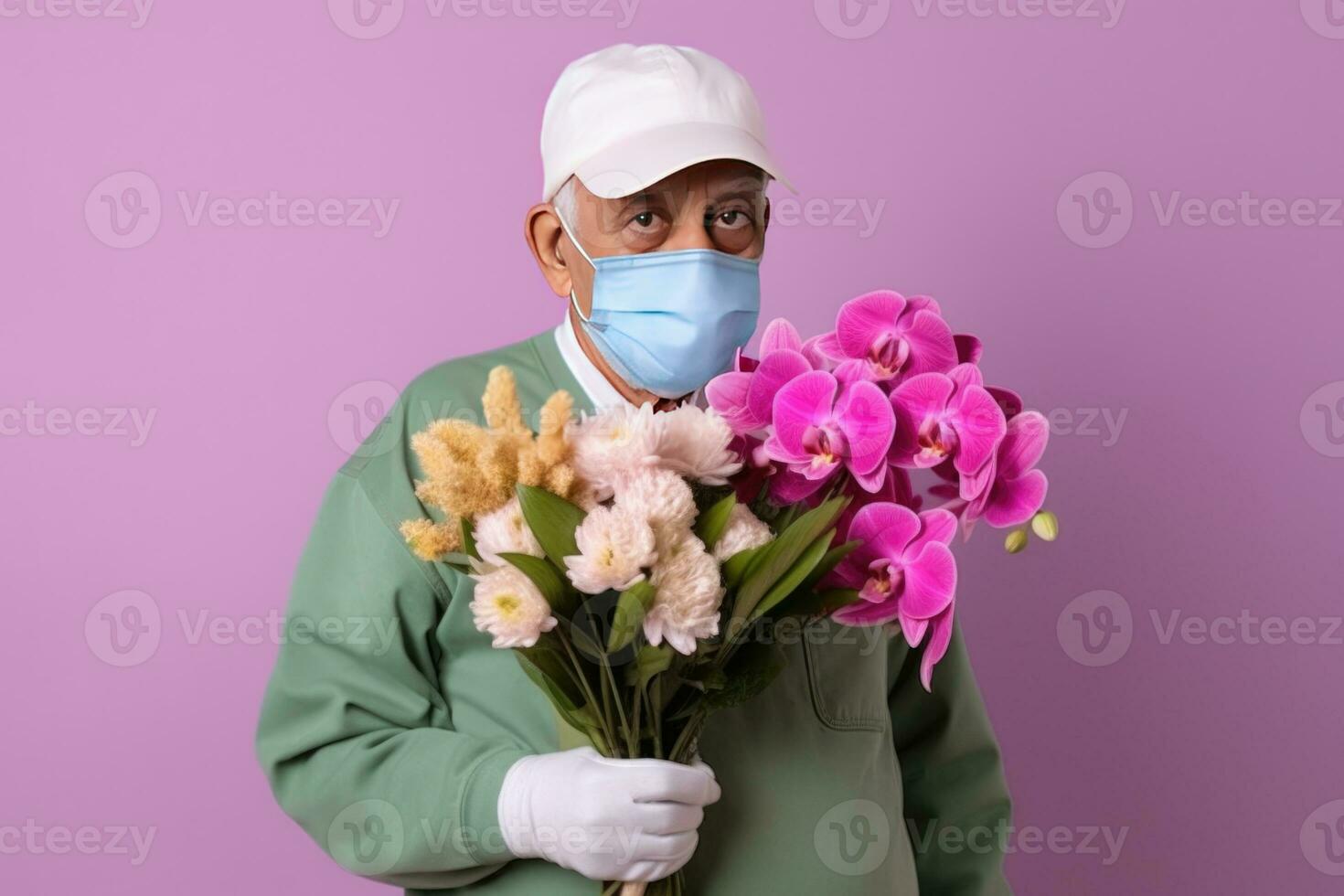 retrato do idosos homem vestindo mascarar e segurando vários flor ramalhete, generativo ai. foto
