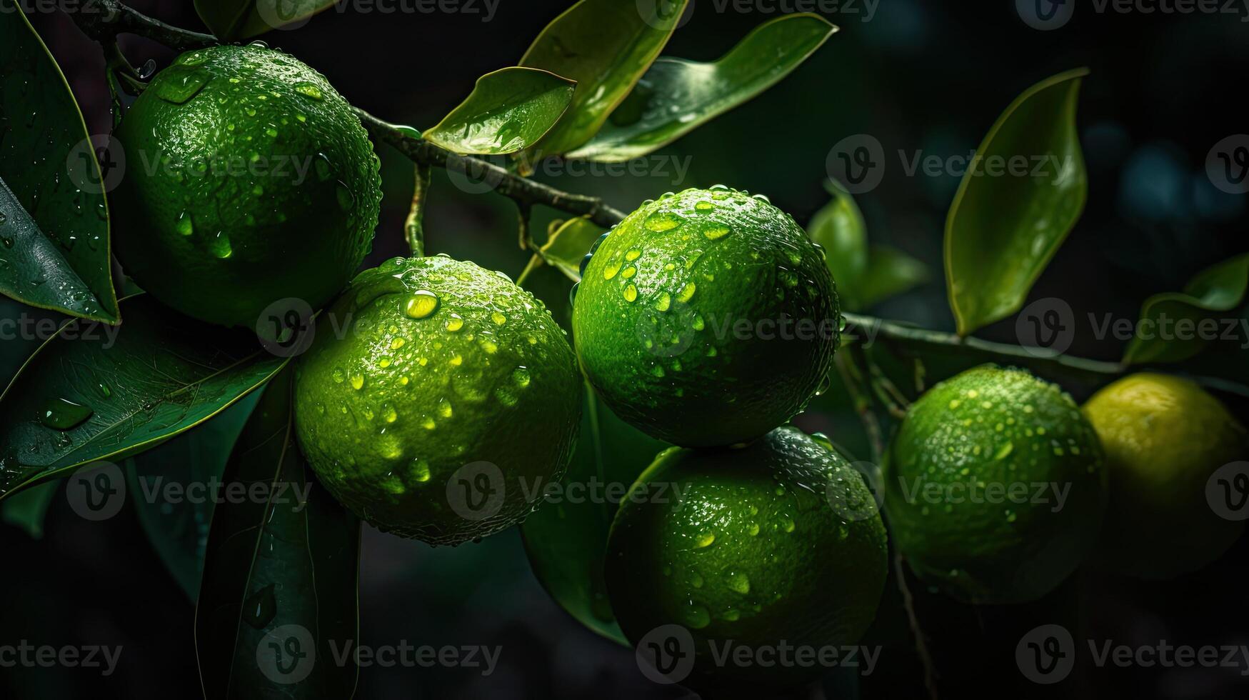 uma cativante fotografia este realçar único fundo do fresco limas em ramo com água gotas, criada de generativo ai tecnologia. foto