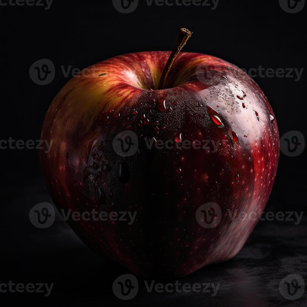 impressionante fotografia do delicioso vermelho maçã com água gotas em Sombrio fundo, generativo ai. foto