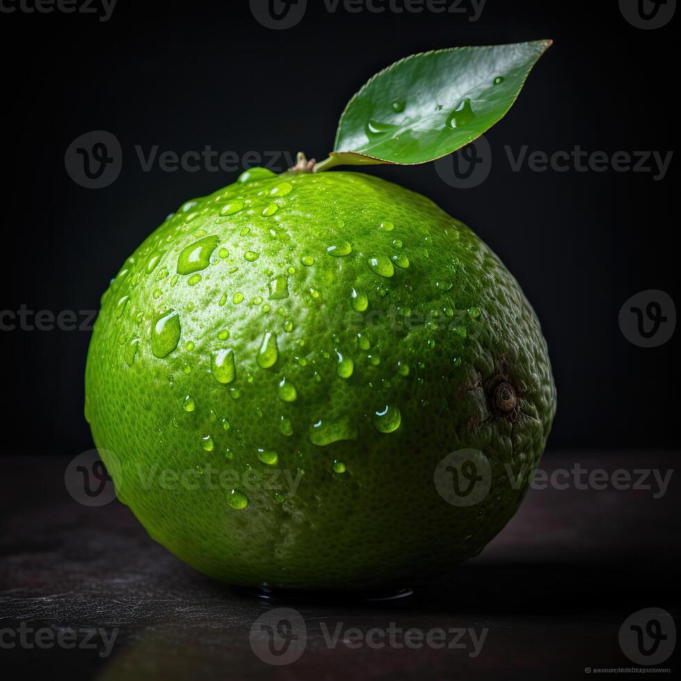 impressionante fotografia do verde limão com água gotas em Sombrio fundo, generativo ai. foto