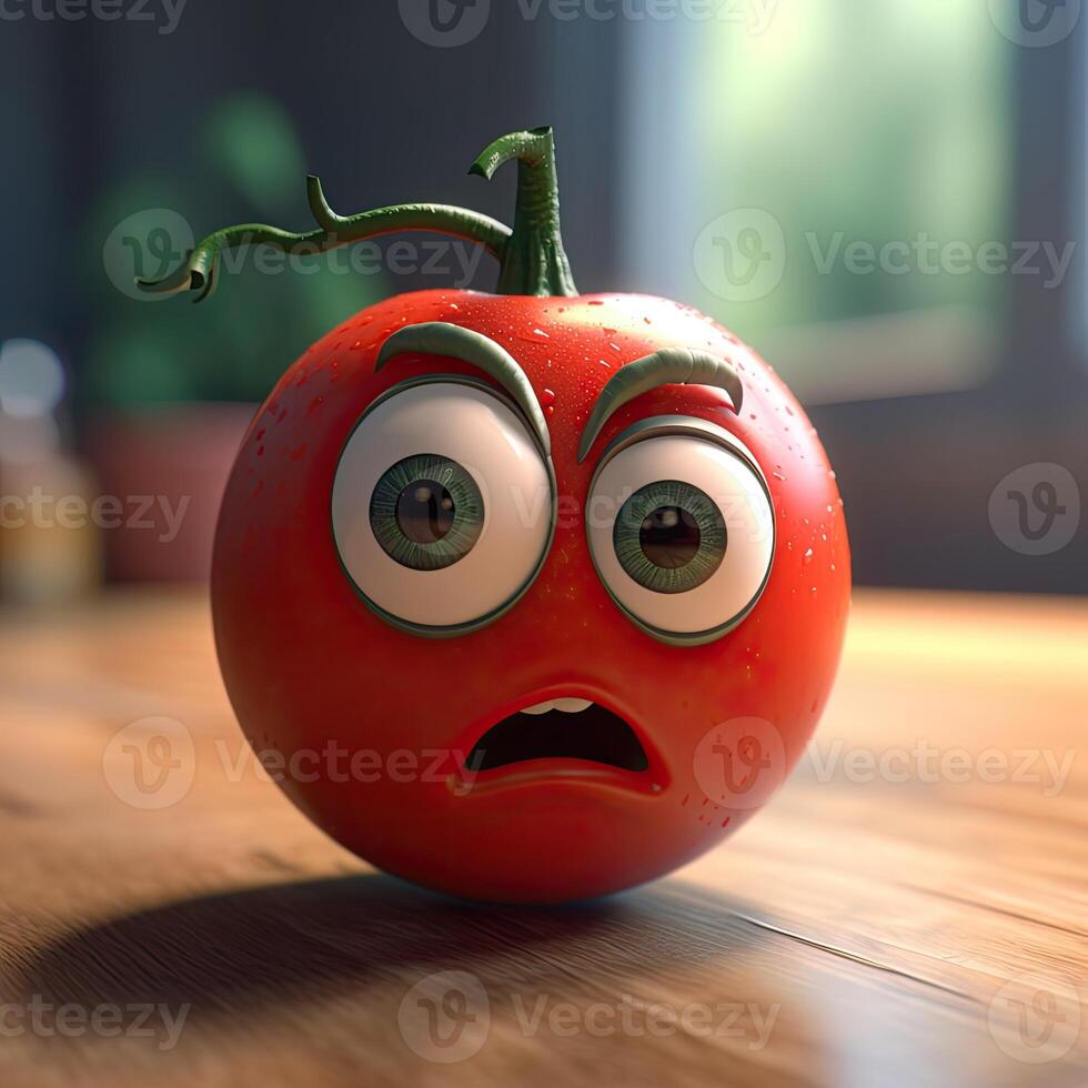 pixar estilo meia tomate 3d personagem em brilhante de madeira fundo. generativo ai. foto