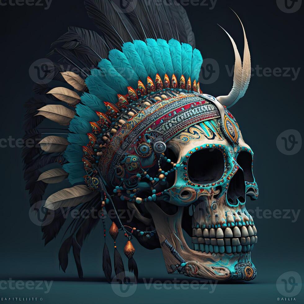 crânio decoração com pena boho estilo, tribo fundo, generativo ai. foto