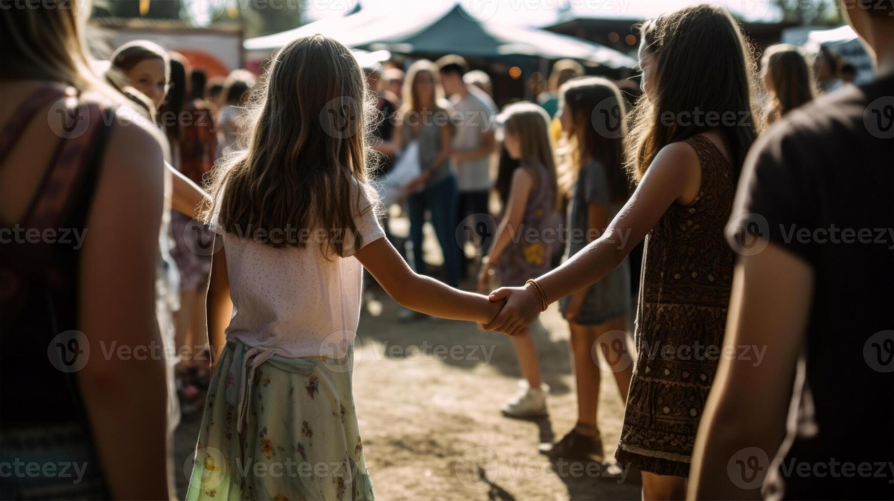 traseiro Visão do jovem meninas segurando mãos dentro casual vestir em borrão de praia fundo. generativo ai ilustração. foto