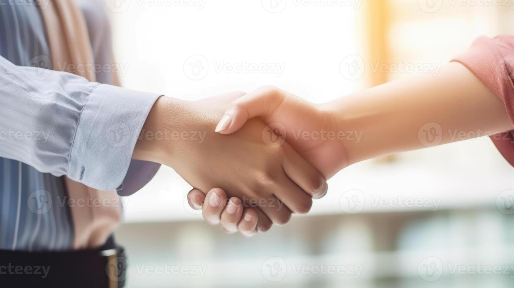 o negócio aperto de mão entre dois mulheres. fechar acima. vertical bandeira. generativo ai. foto