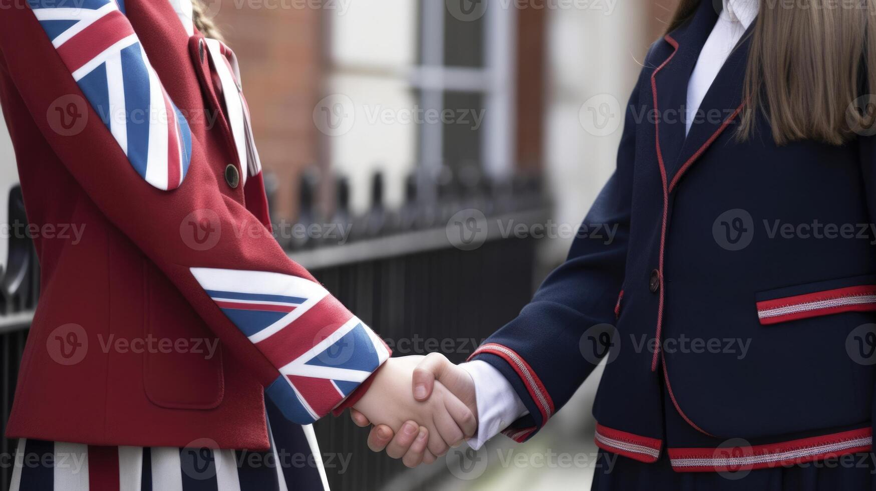 amigáveis ou casual aperto de mão entre britânico mulheres dentro seus tradicional trajes. generativo ai. foto