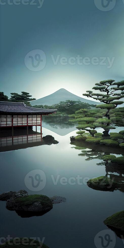 pacífico lago panorama natureza fundo com ásia têmpora. generativo ai ilustração. foto