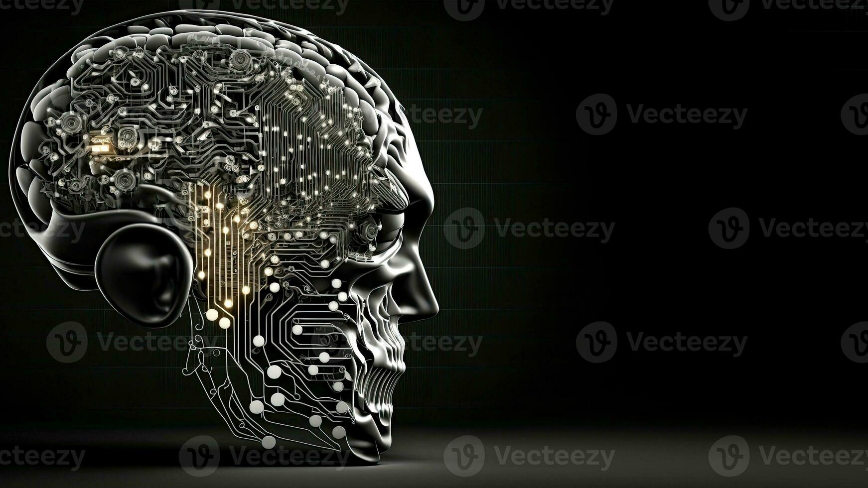 artificial inteligência dentro humanóide cabeça com neural rede, digital cérebro Aprendendo em processamento grande dados. face do cyber mente. generativo ai tecnologia e espaço para seu mensagem. foto