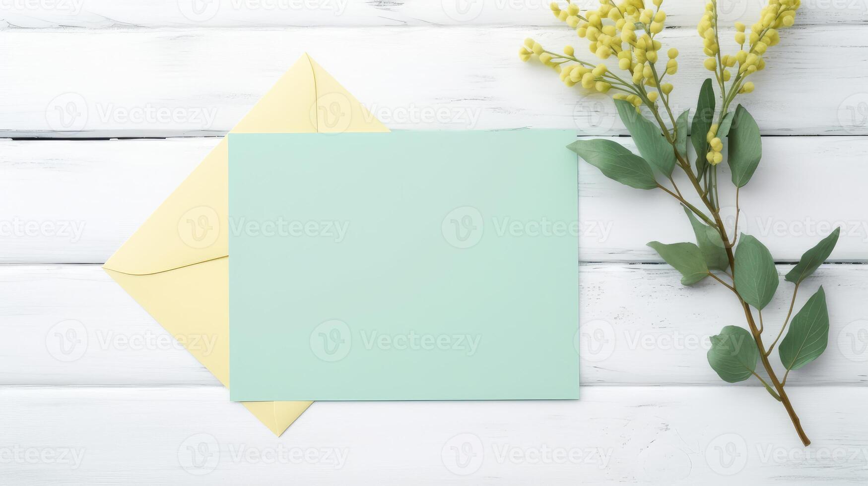topo Visão do em branco convite cartão, envelope brincar e verde baga ramo decorações em de madeira mesa, generativo ai. foto