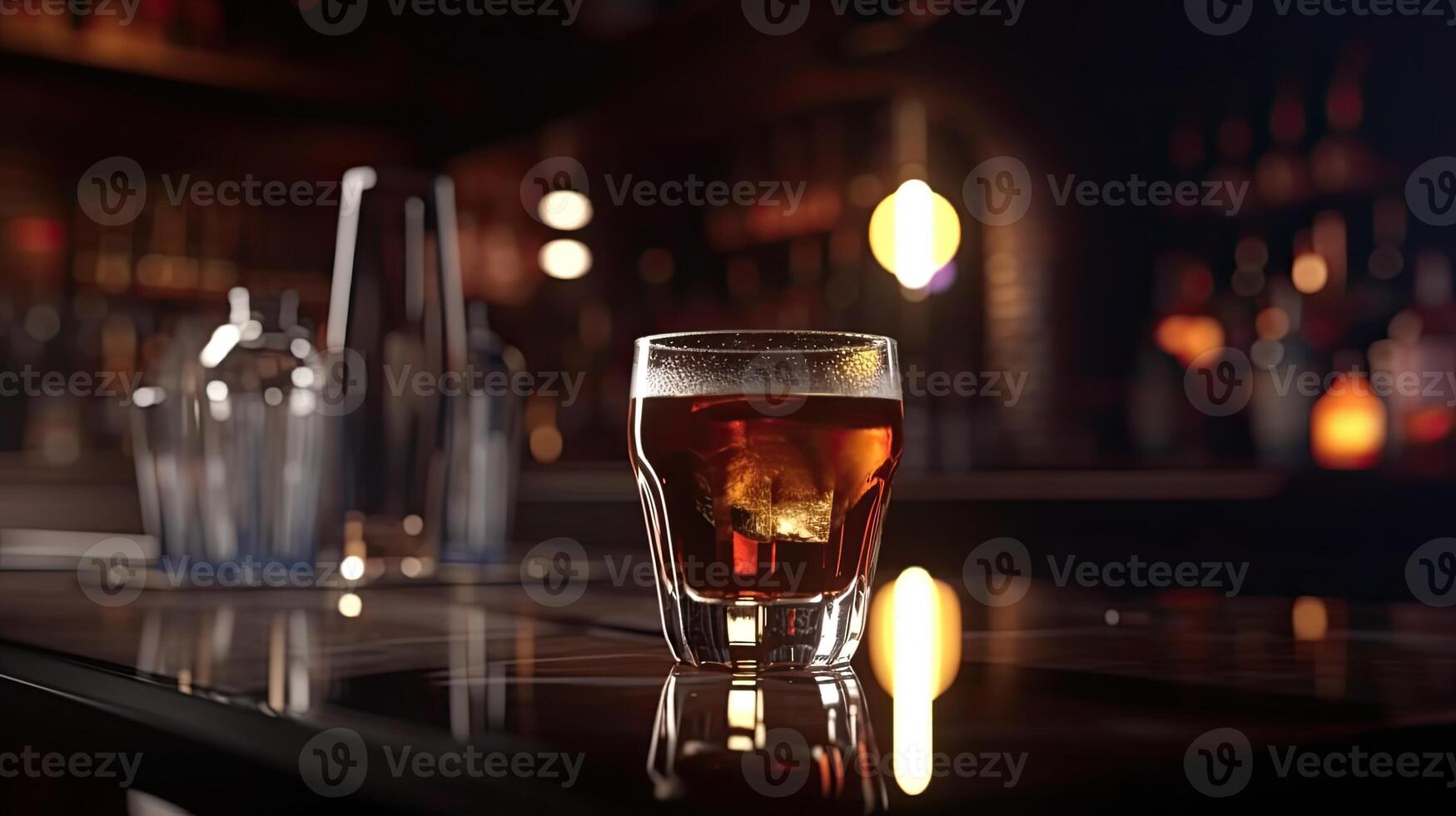 gelo cubo dentro uísque vidro em mesa. borrado interior do bar às a fundo. generativo ai. foto