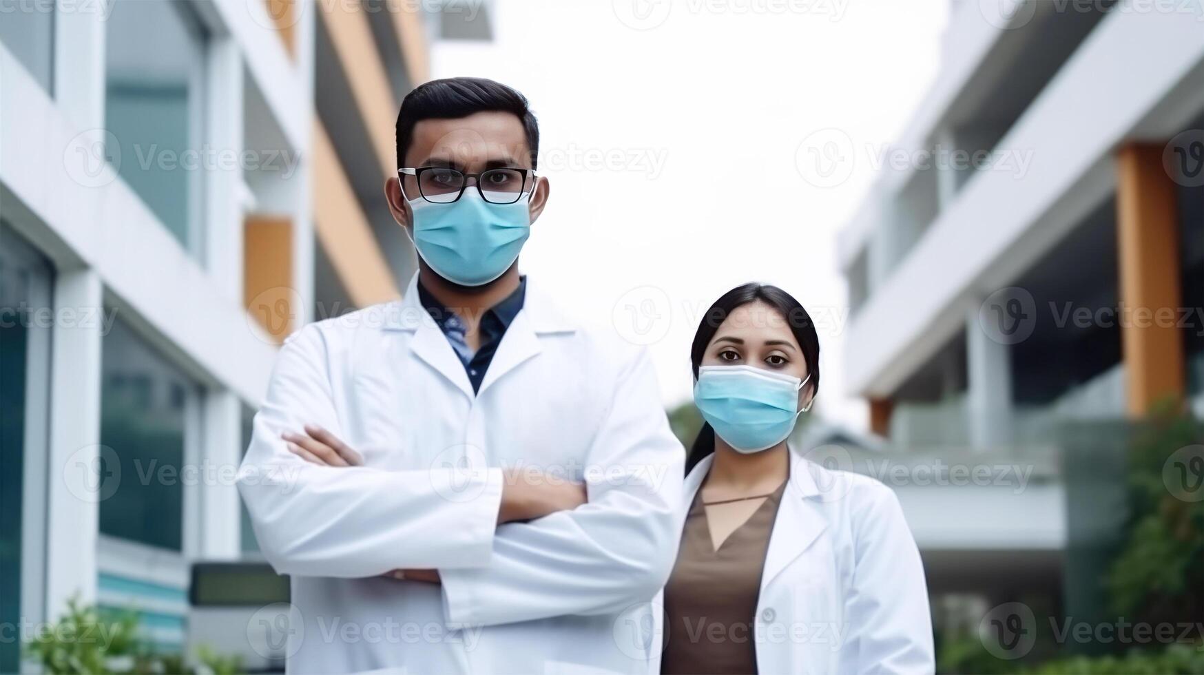 jovem masculino e fêmea médico profissionais vestindo máscaras às hospital fora, generativo ai. foto