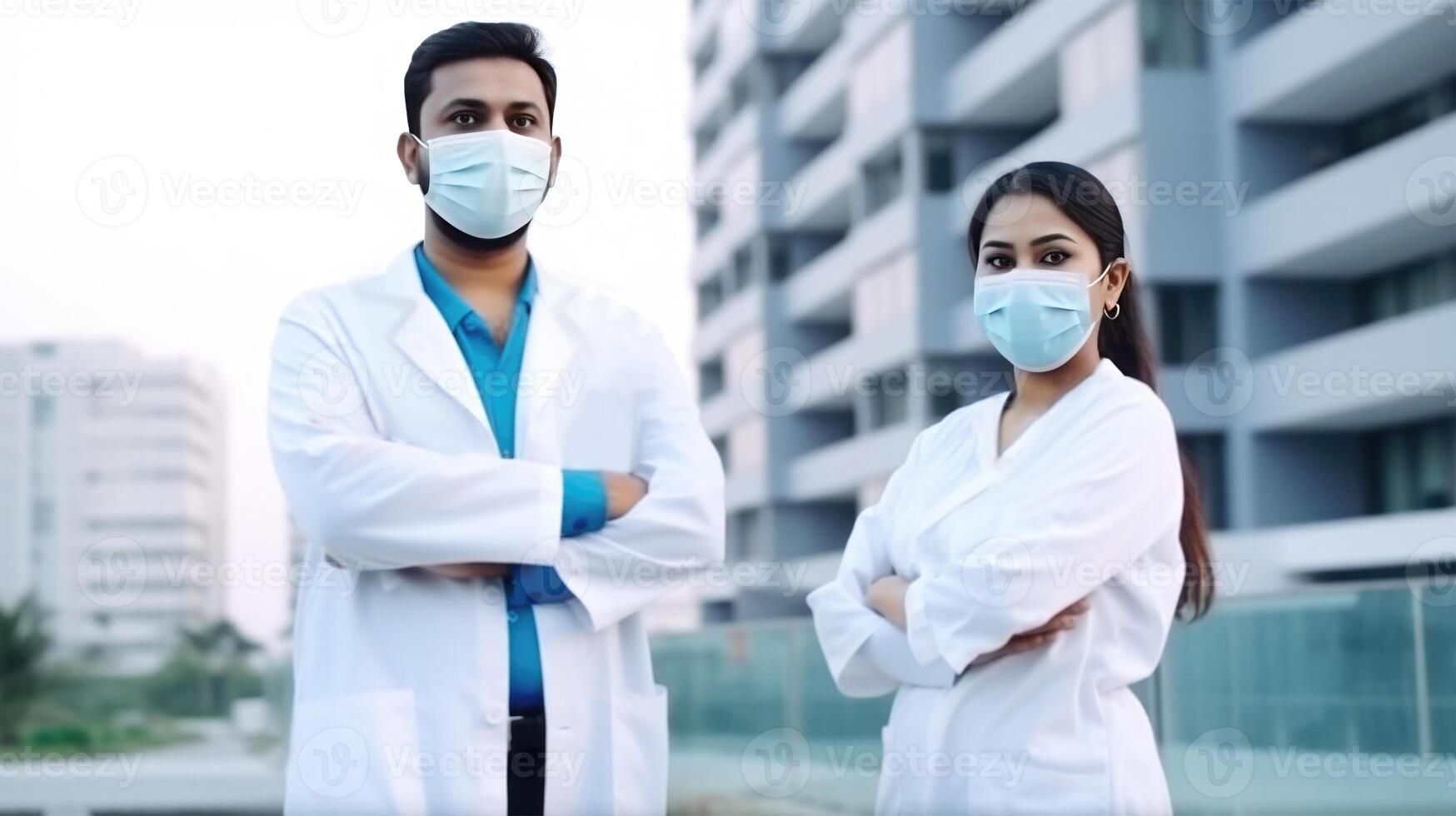 jovem masculino e fêmea médico profissionais vestindo máscaras às hospital fora, generativo ai. foto