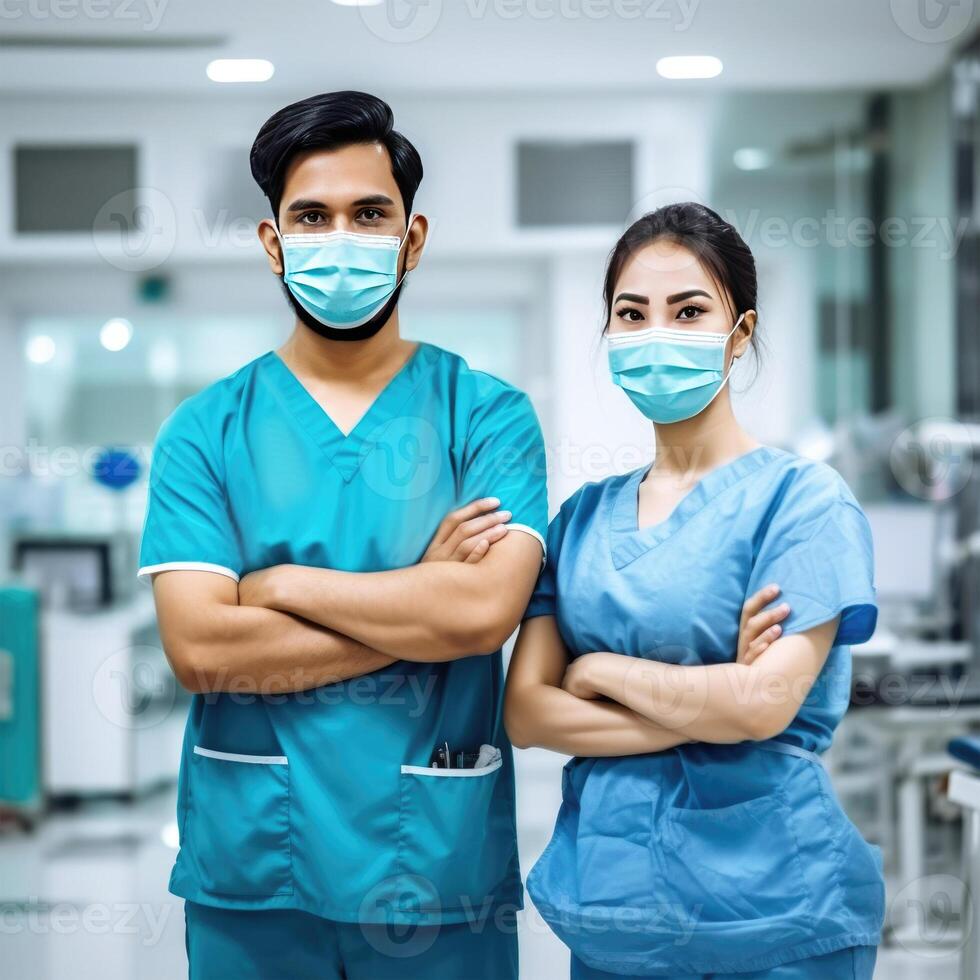 retrato do jovem masculino e fêmea médico vestindo máscaras enquanto em pé dentro a operativo quarto ou laboratório, generativo ai. foto