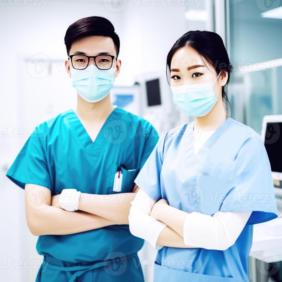 retrato do profissional médicos, ásia masculino e fêmea vestindo mascarar enquanto em pé dentro a hospital, generativo ai. foto