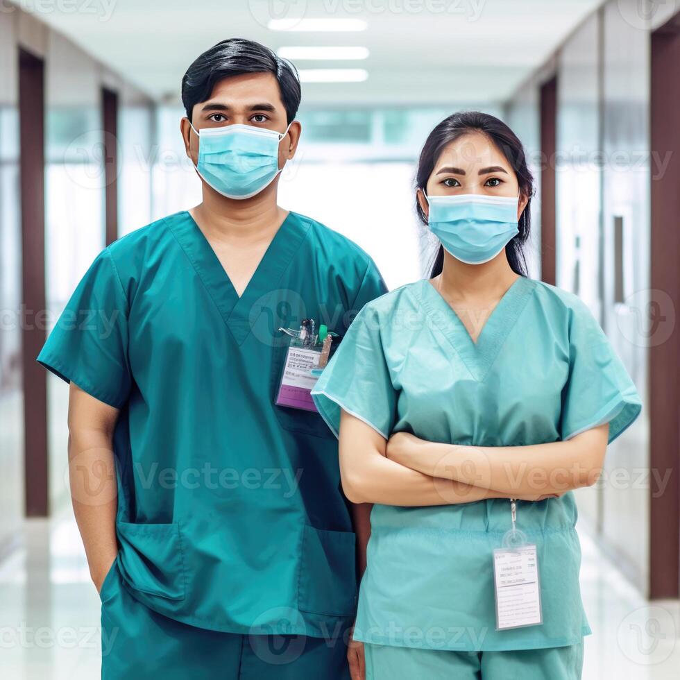 retrato do masculino e fêmea médico vestindo mascarar enquanto em pé dentro a hospital corredor, generativo ai. foto