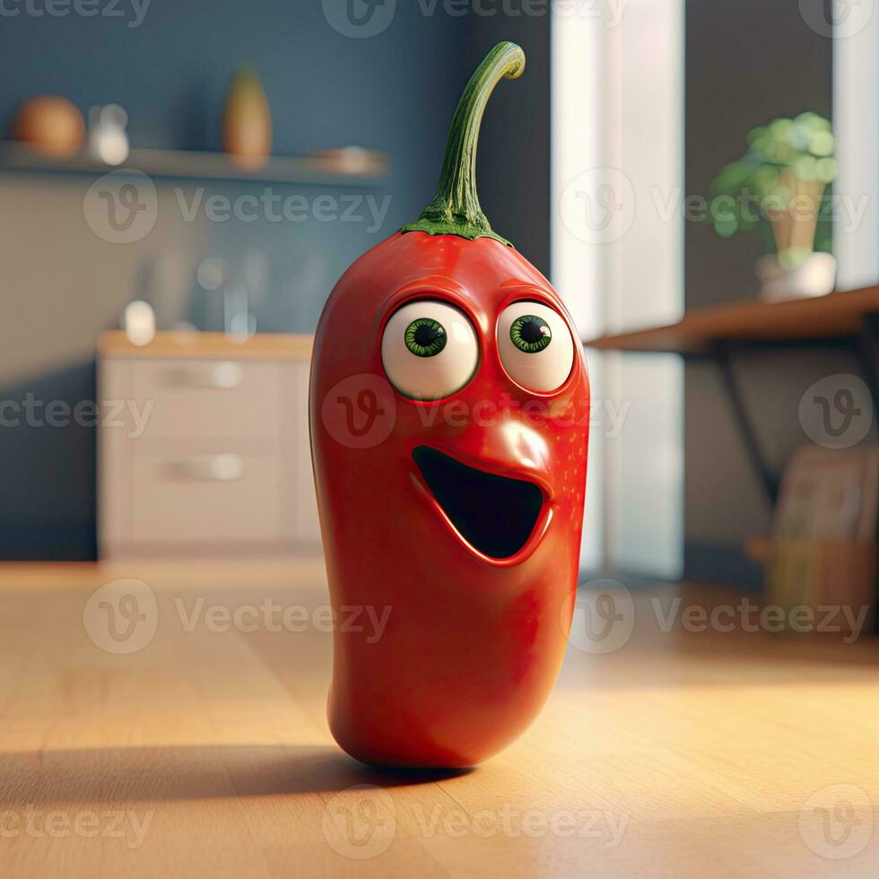 pixar estilo aberto boca vermelho Pimenta 3d personagem às brilhante cozinha sala. generativo ai. foto