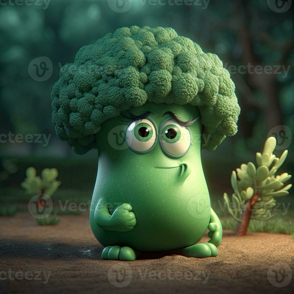 pixar estilo brócolis 3d personagem em brilhante verde natureza panorama fundo. generativo ai. foto