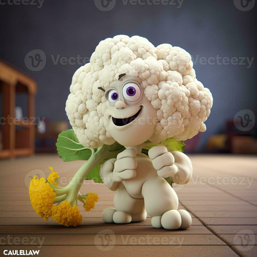 pixar estilo couve-flor 3d personagem com amarelo flor às brilhante sala. generativo ai. foto