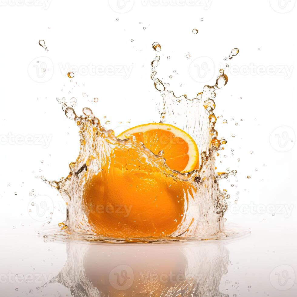 suculento fresco laranja fatia flutuando dentro a água em branco fundo, generativo ai tecnologia. foto