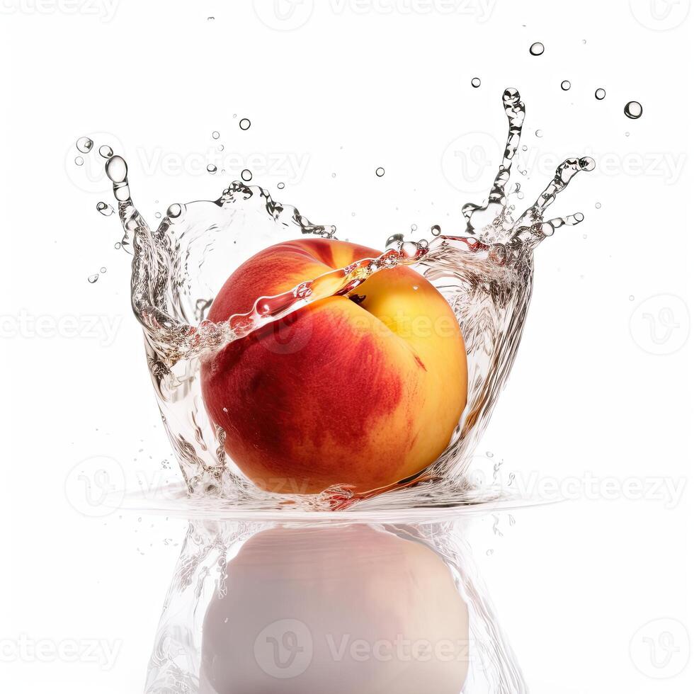 fresco pêssego fruta queda para dentro meio água contra branco fundo. Comida levitação, generativo ai. foto