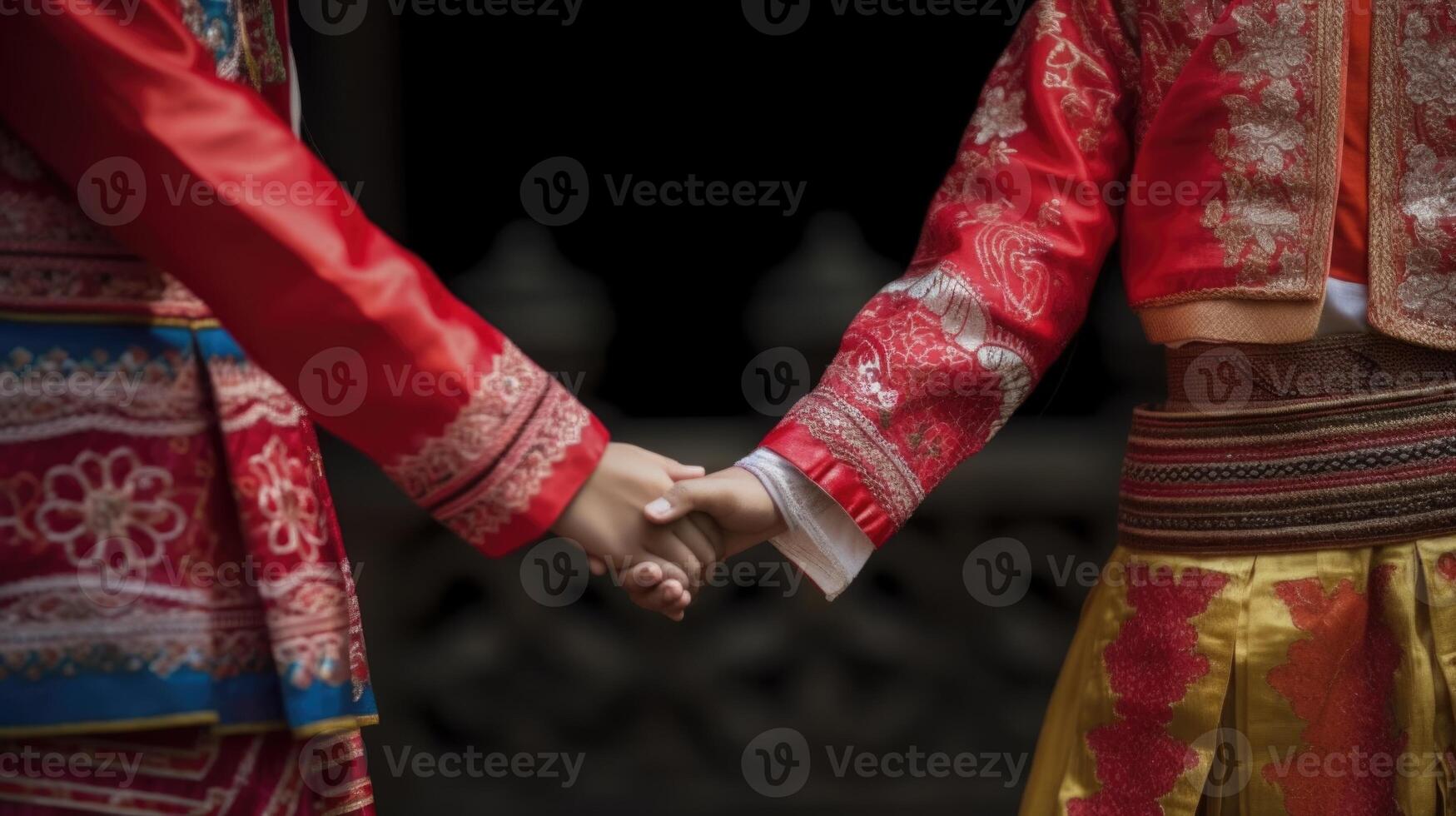 cortada imagem do amigáveis ou casual aperto de mão entre indonésio mulheres dentro seus tradicional traje. foto