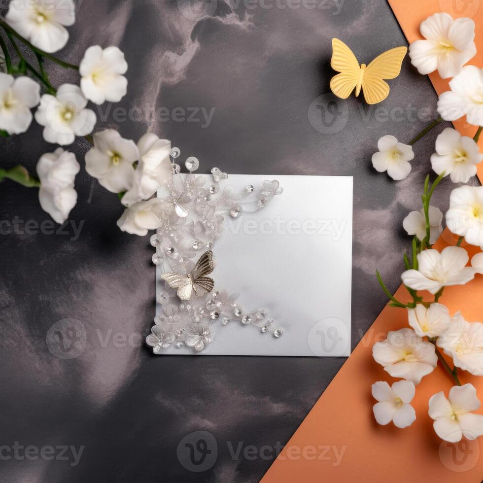 em branco branco papel cartão plano deitar com floral gravação brincar, borboletas em Sombrio mármore textura fundo, generativo ai. foto
