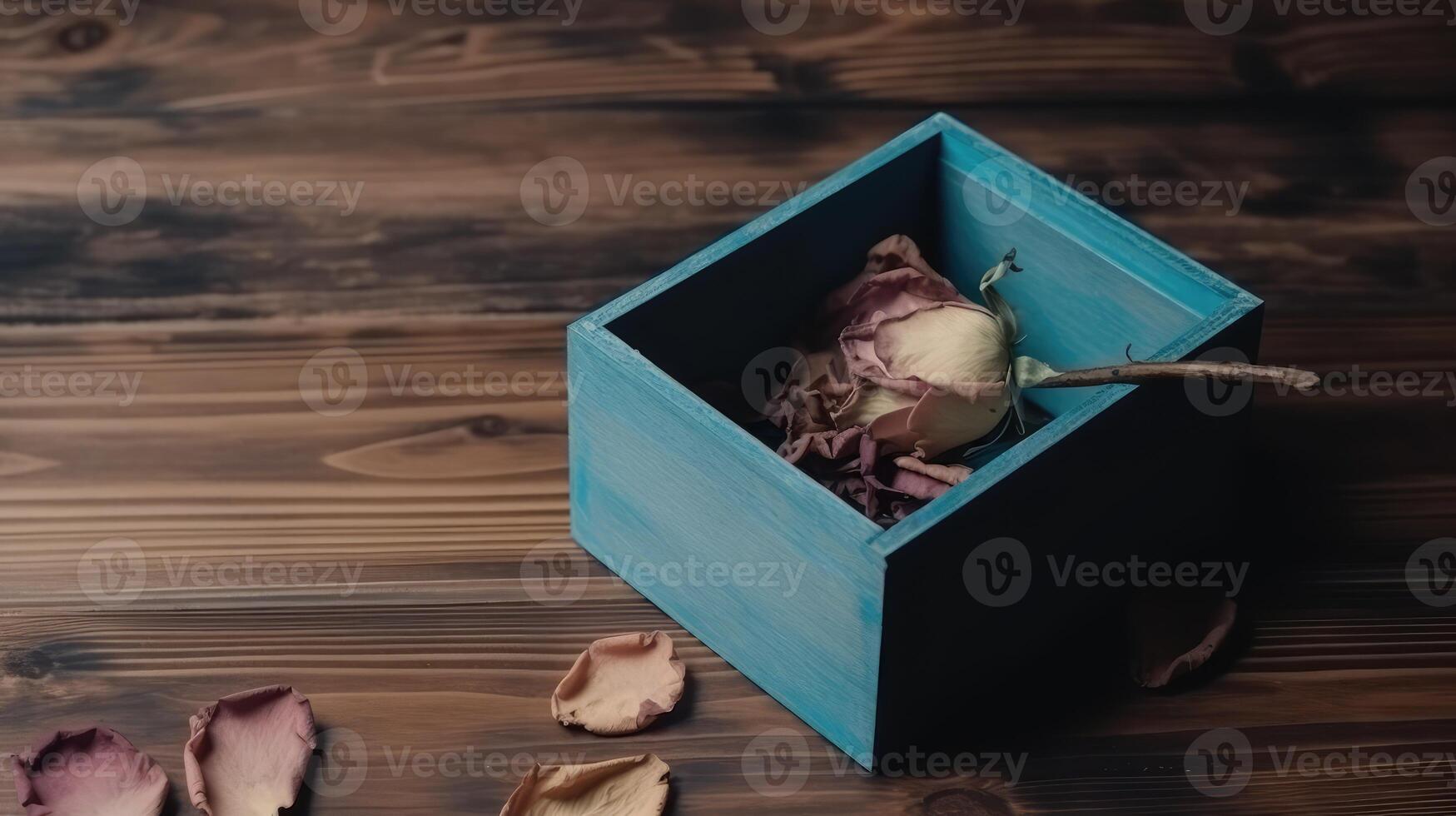 topo Visão do seco rosa flor dentro aberto caixa em vintage de madeira mesa, generativo ai. foto