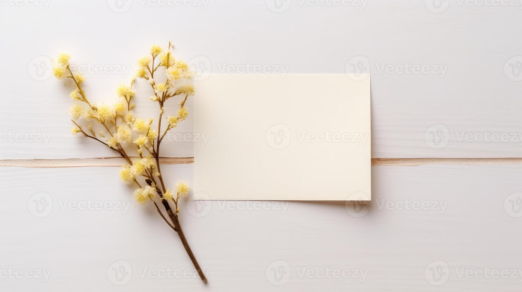 em branco papel cartão brincar e amarelo floral ramo em branco de madeira mesa principal, generativo ai. foto