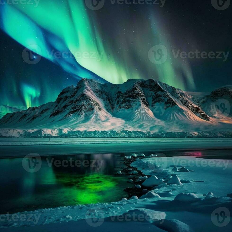 polar luzes em Nevado montanha com uma lago. ai foto