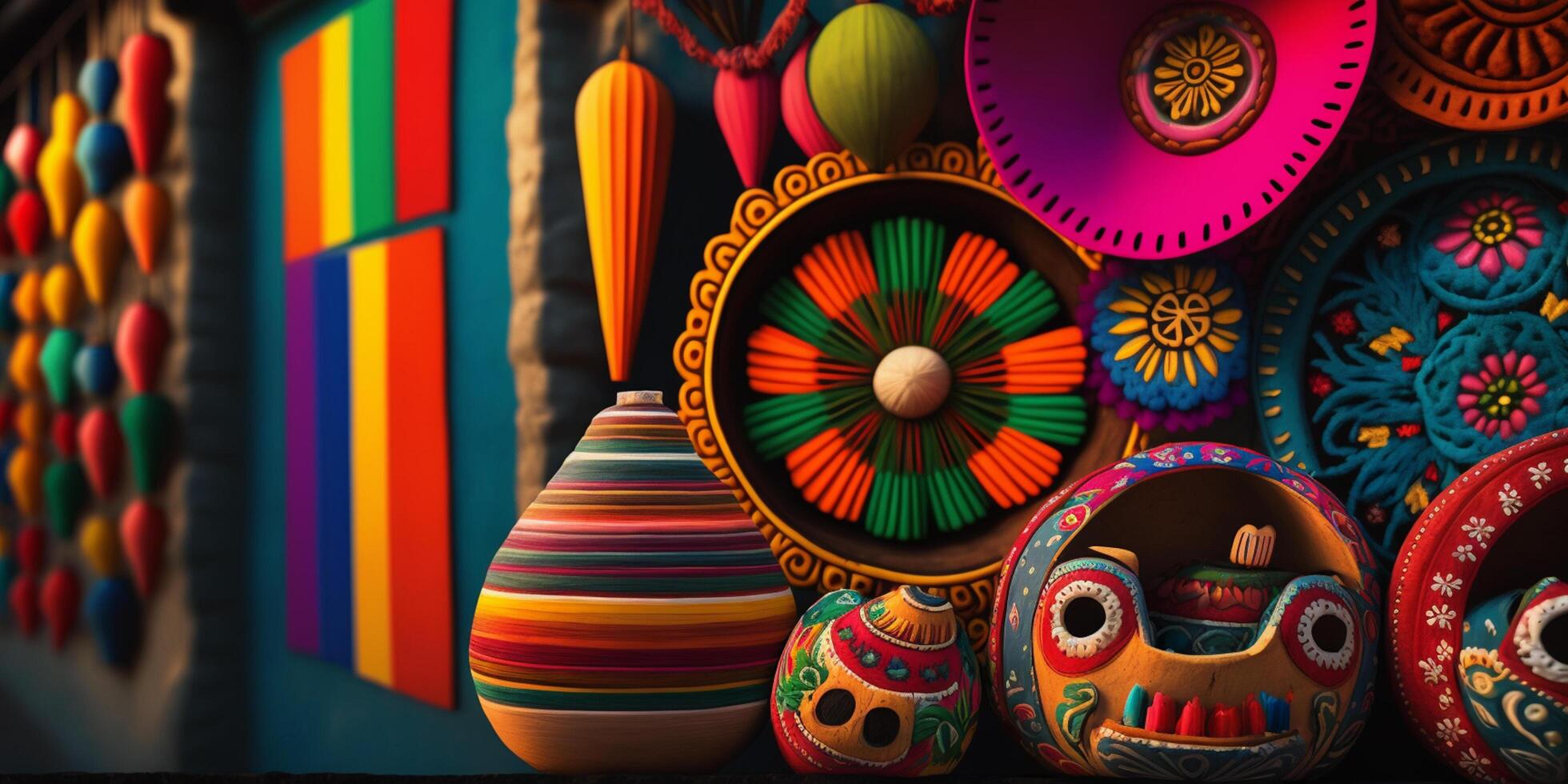 vibrante mexicano arte colorida padrões, roupas, figuras, e artesanato ai gerado foto