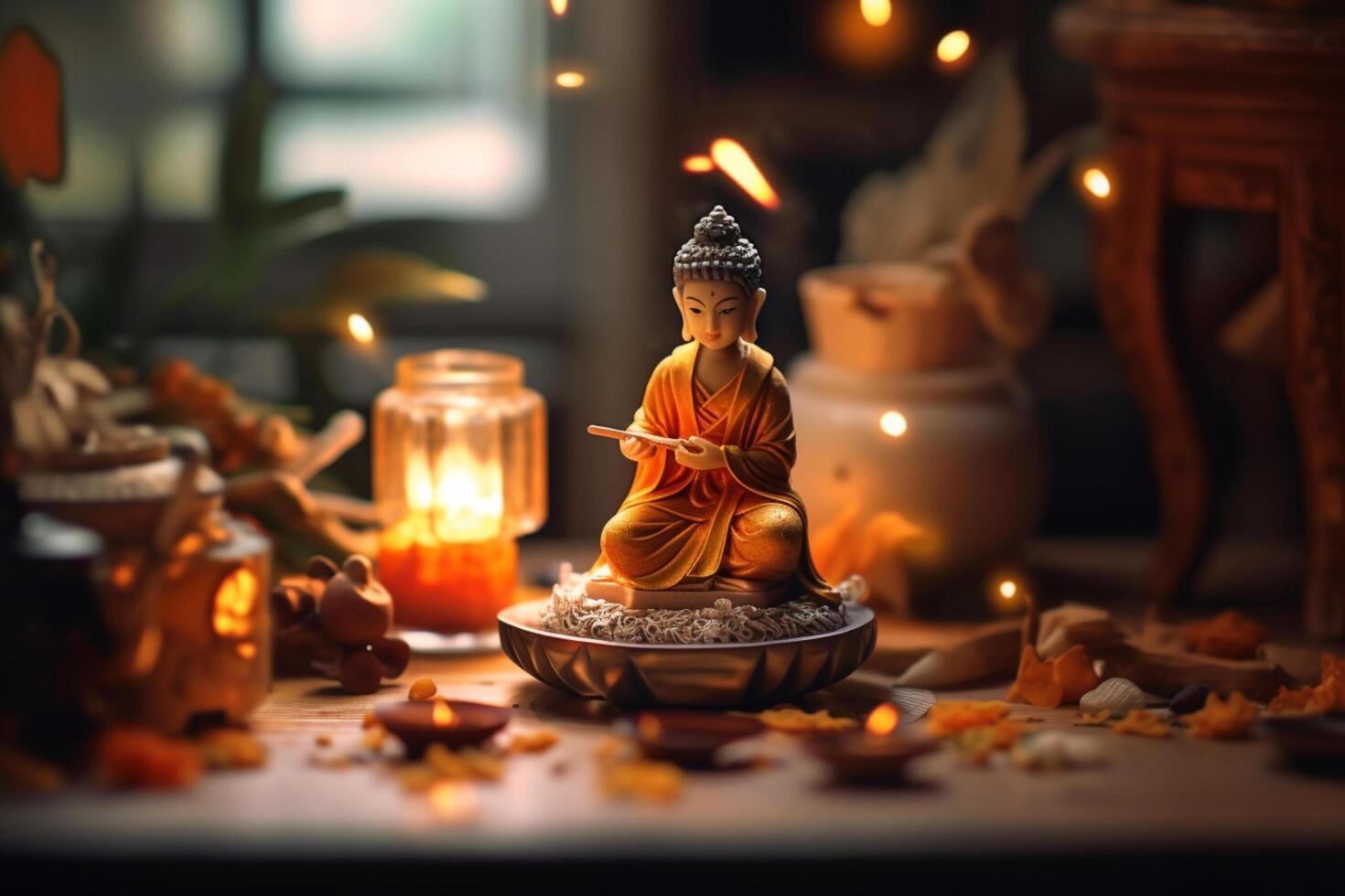 uma Buda senta dentro uma jardim com uma lótus e velas. fundo para vesak festival celebração. vesak dia conceito. vesak celebração dia saudações de ai gerado foto