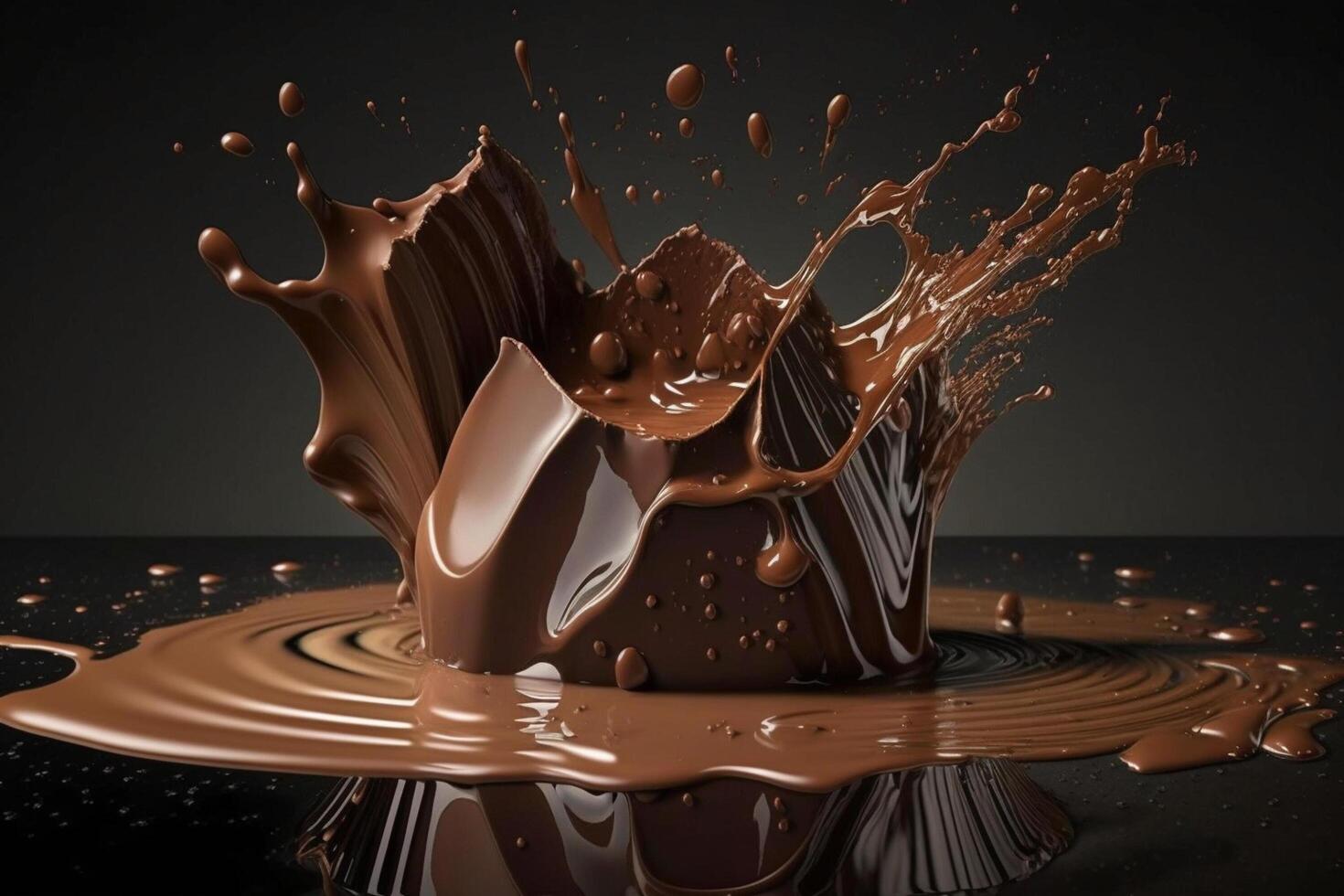 uma delicioso Derretendo chocolate respingo dentro uma realista estilo. quente chocolate, cacau ou café splash. saboroso chocolate líquido splash. chocolate molho coroa splash. para chocolate dia sobremesa de ai gerado foto