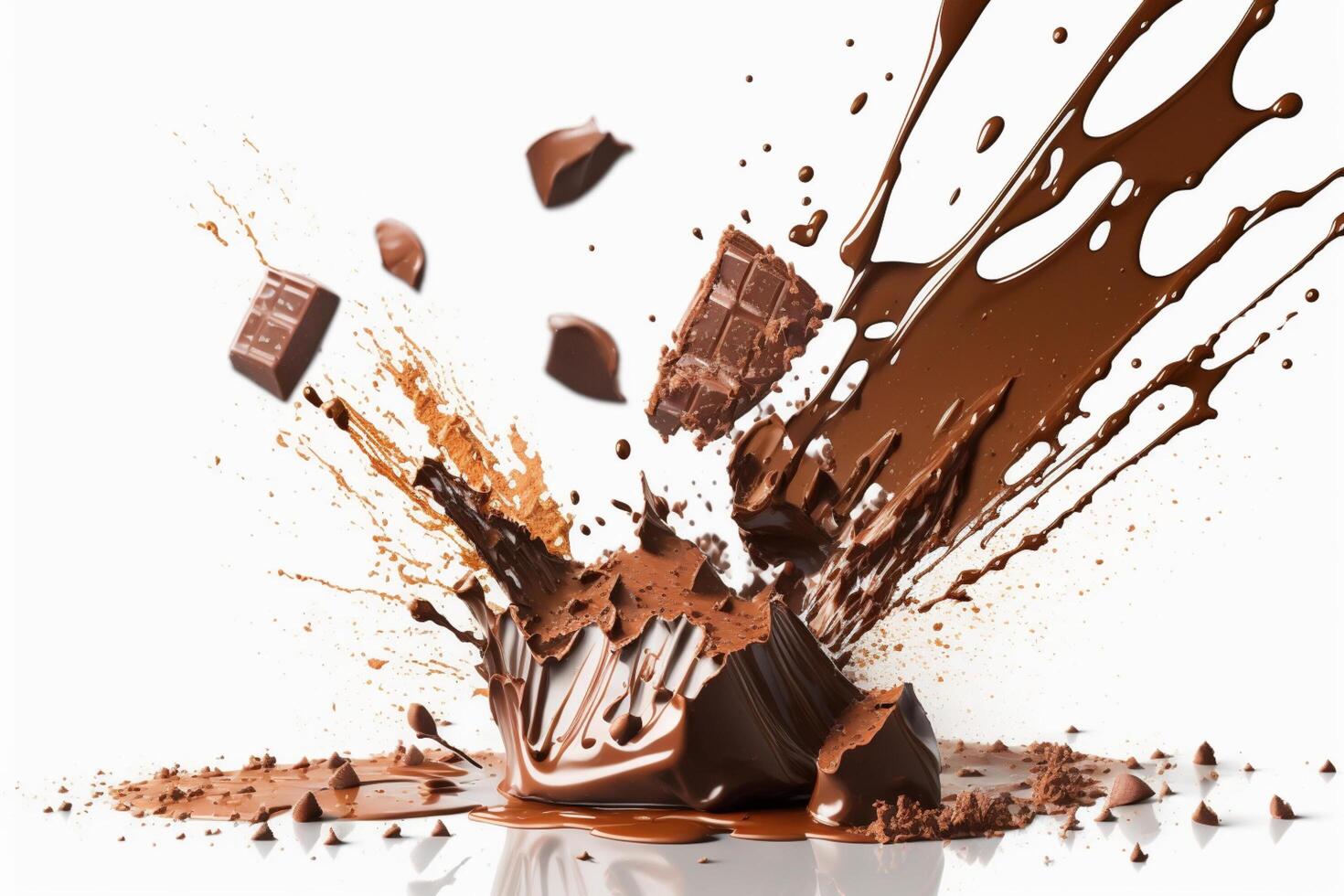 uma delicioso Derretendo chocolate respingo dentro uma realista estilo. quente chocolate, cacau ou café splash. saboroso chocolate líquido splash. chocolate molho coroa splash. para chocolate dia sobremesa de ai gerado foto