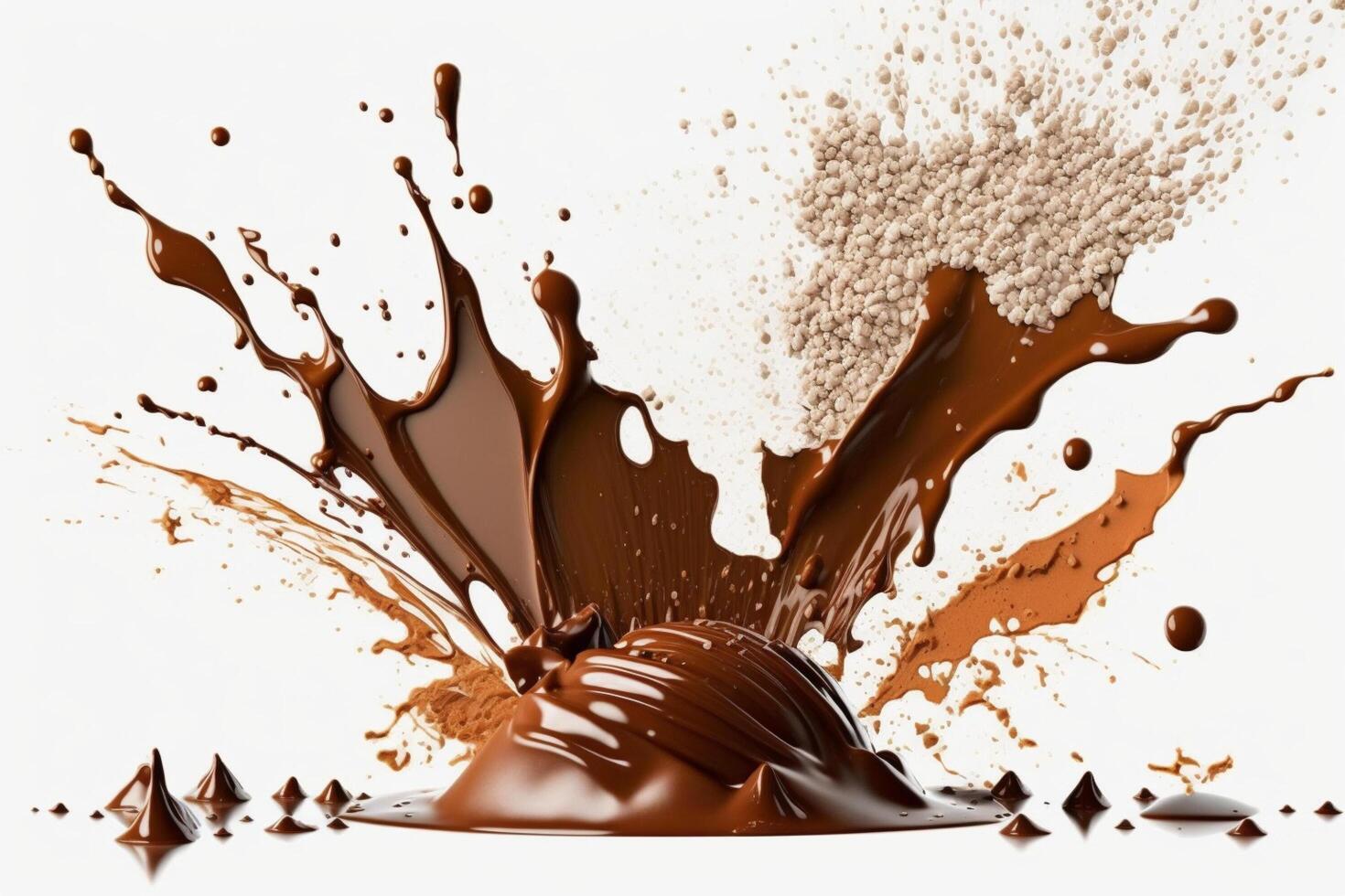 uma delicioso Derretendo chocolate respingo dentro uma realista estilo. quente chocolate, cacau ou café splash. saboroso chocolate líquido splash. chocolate molho coroa splash. para chocolate dia sobremesa de ai gerado foto