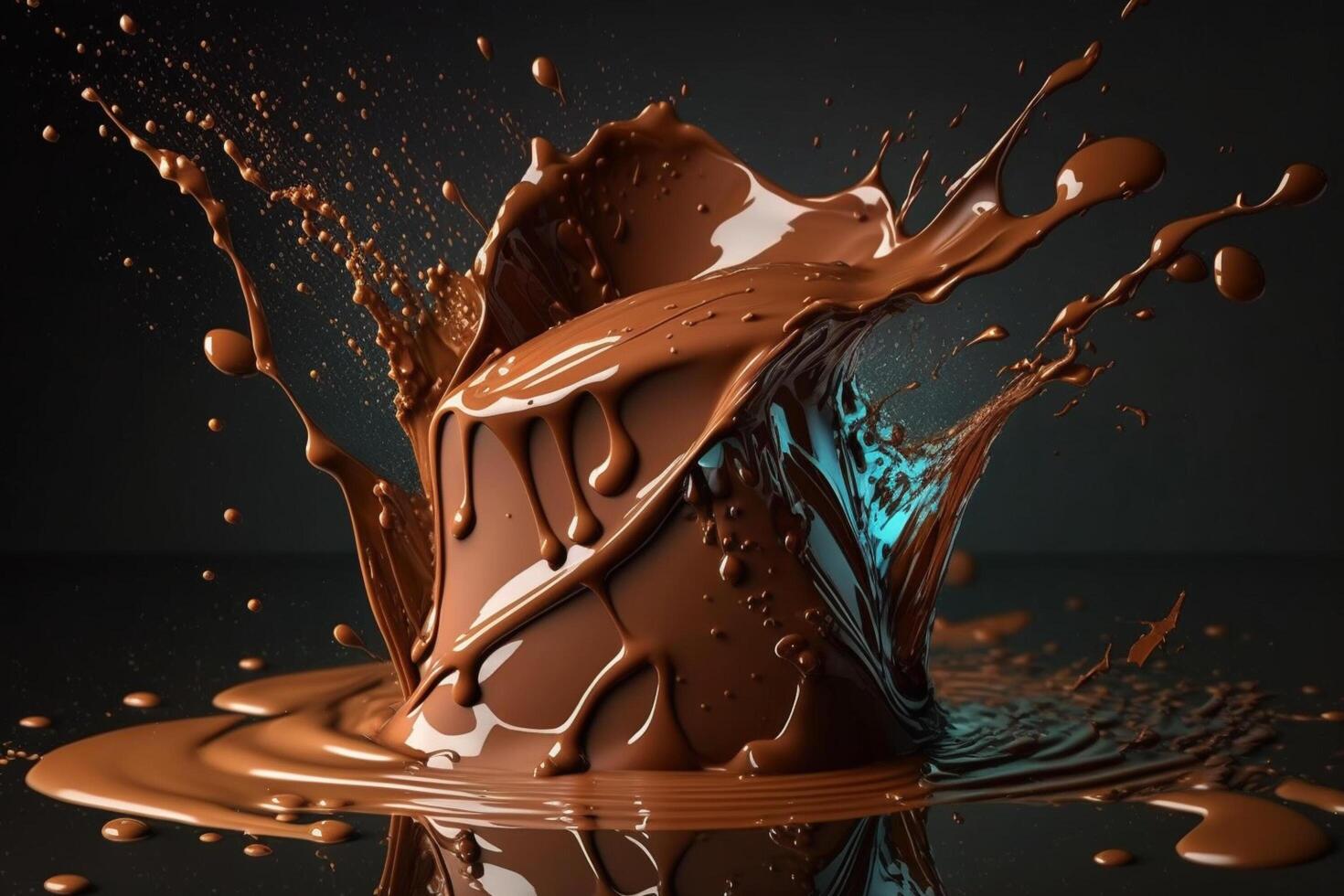 uma delicioso Derretendo chocolate respingo dentro uma realista estilo. quente chocolate, cacau ou café splash. saboroso chocolate líquido splash. chocolate molho coroa splash. para chocolate dia sobremesa de ai gerado foto