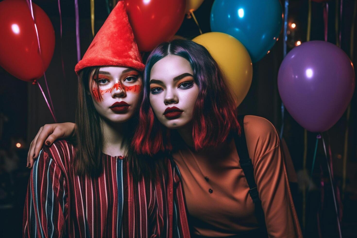 adolescentes amigos dentro fantasias a comemorar e tendo Diversão às dia das Bruxas Festa. jovem pessoas às fantasias festa dia das Bruxas celebração conceito de ai gerado foto