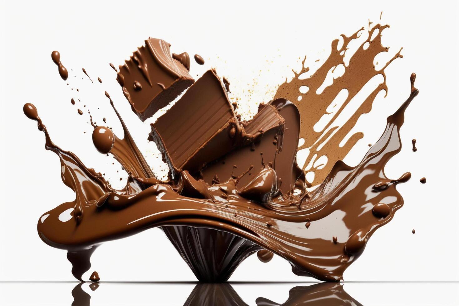 uma delicioso Derretendo chocolate respingo dentro uma realista estilo. quente chocolate, cacau ou café splash. saboroso chocolate líquido splash. chocolate molho coroa splash. para chocolate dia sobremesa de ai gerado foto