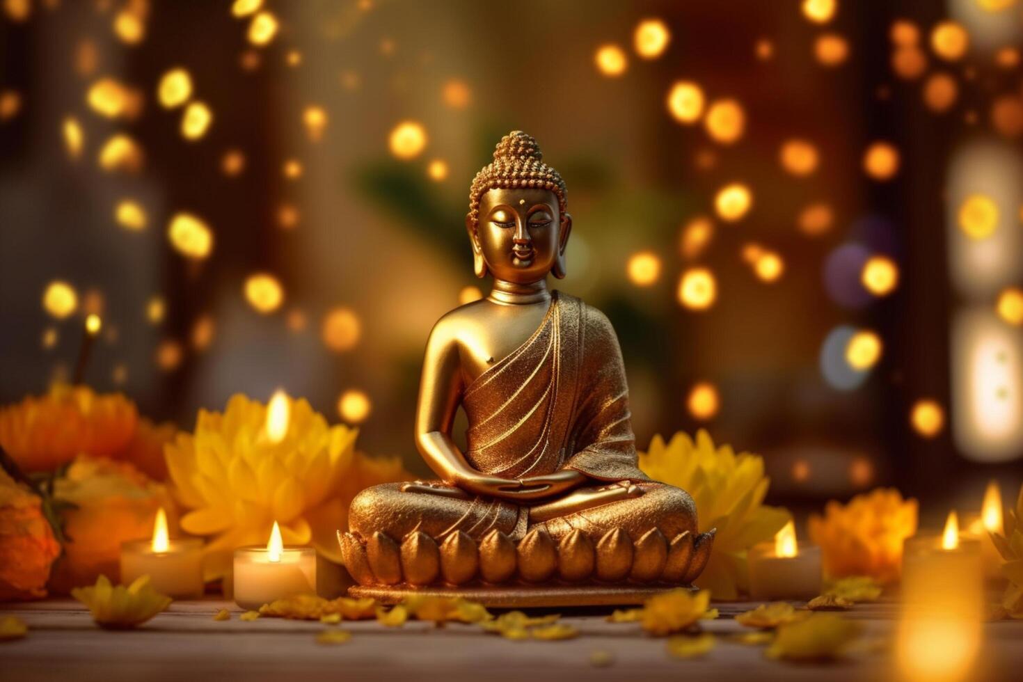 uma Buda senta dentro uma jardim com uma lótus e velas. fundo para vesak festival celebração. vesak dia conceito. vesak celebração dia saudações de ai gerado foto