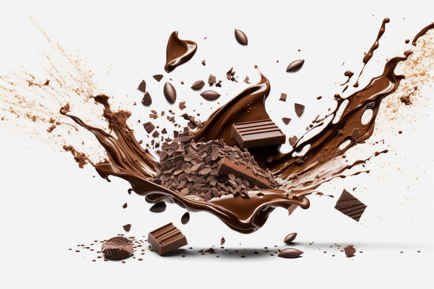 uma delicioso Derretendo chocolate respingo dentro uma realista estilo. quente chocolate, cacau ou café splash. saboroso chocolate líquido splash. chocolate molho coroa splash. para chocolate dia sobremesa de ai gerado foto