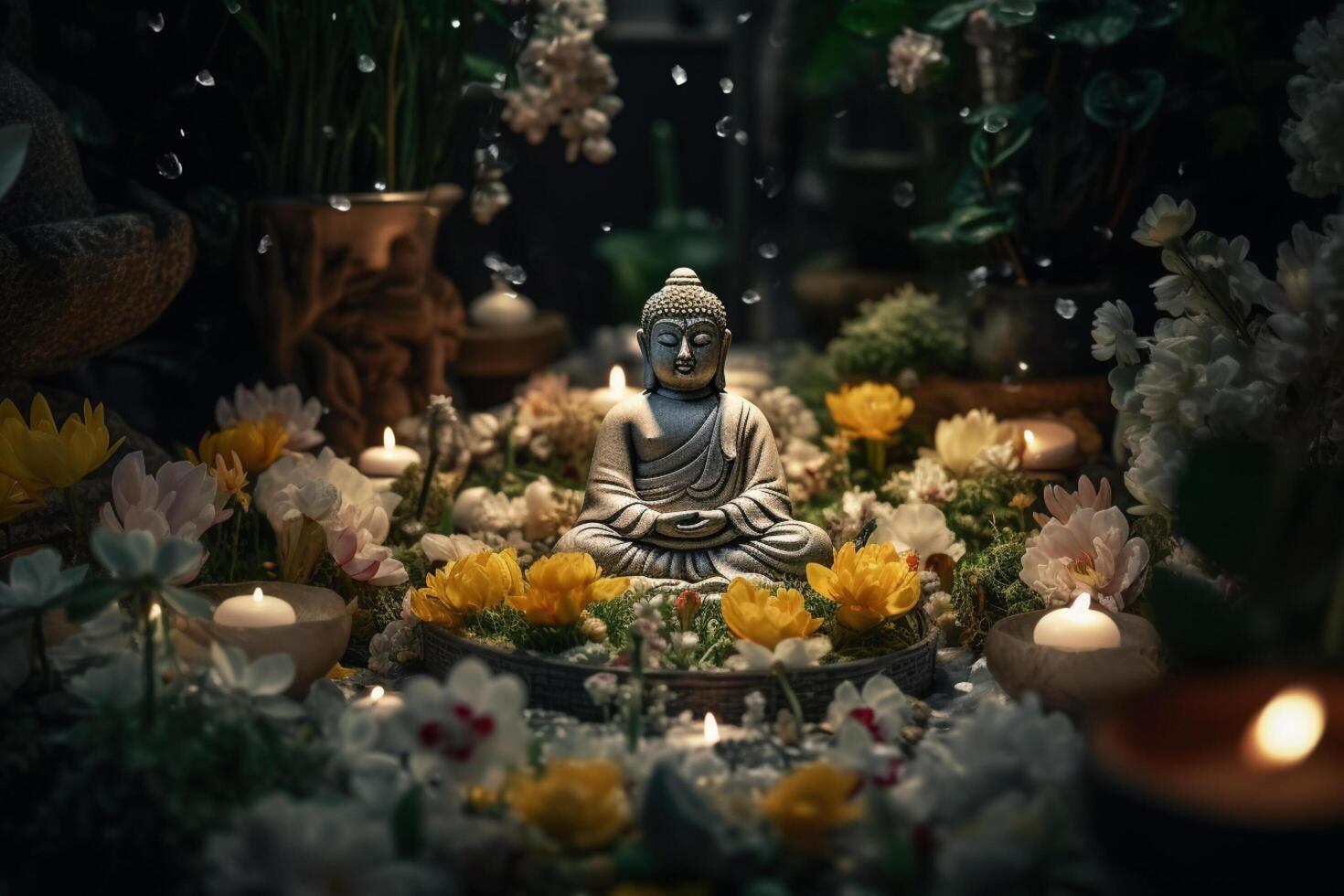 uma Buda senta dentro uma jardim com uma lótus e velas. fundo para vesak festival celebração. vesak dia conceito. vesak celebração dia saudações de ai gerado foto