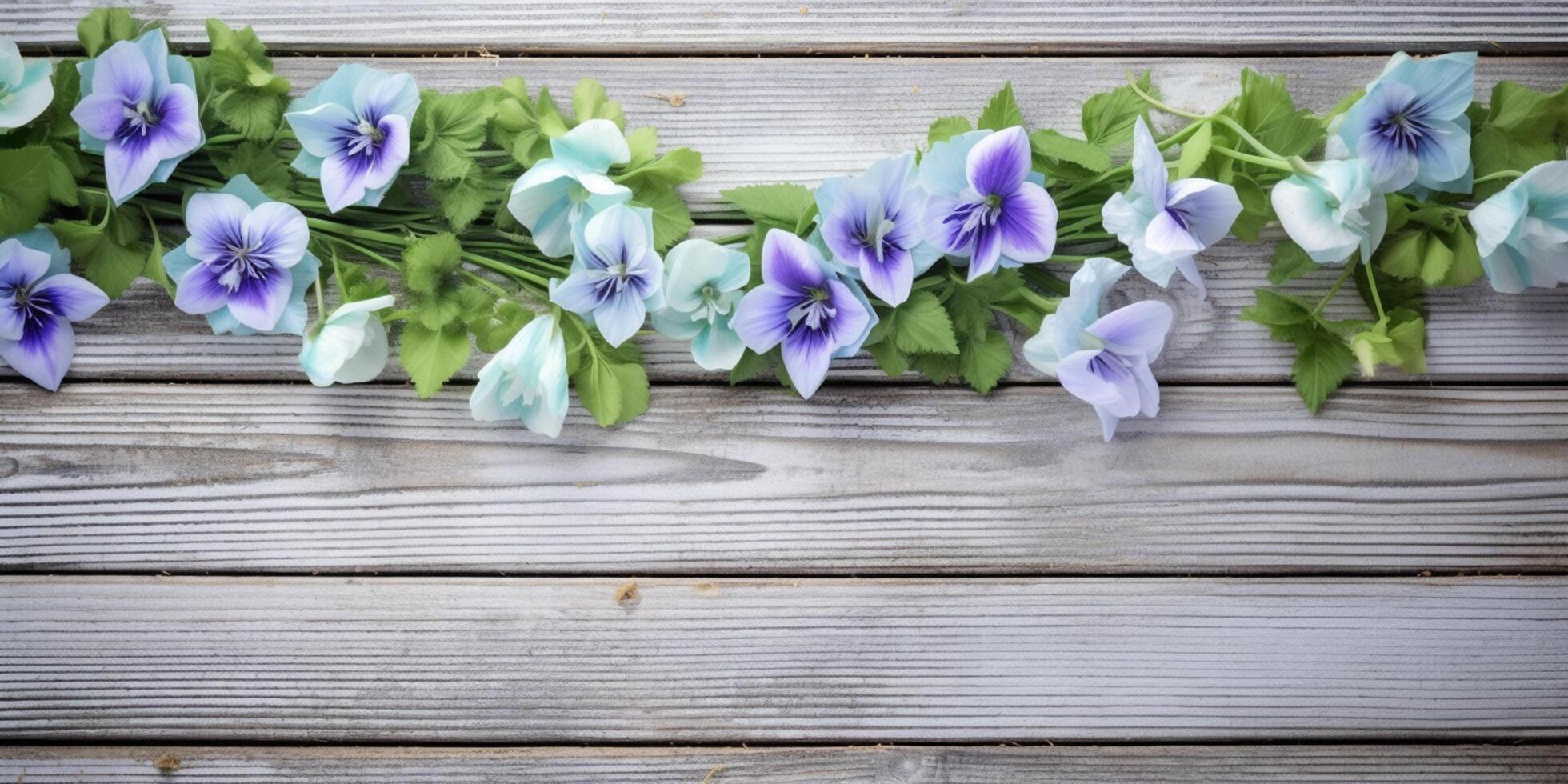 azul flores em luz de madeira fundo ai gerado foto