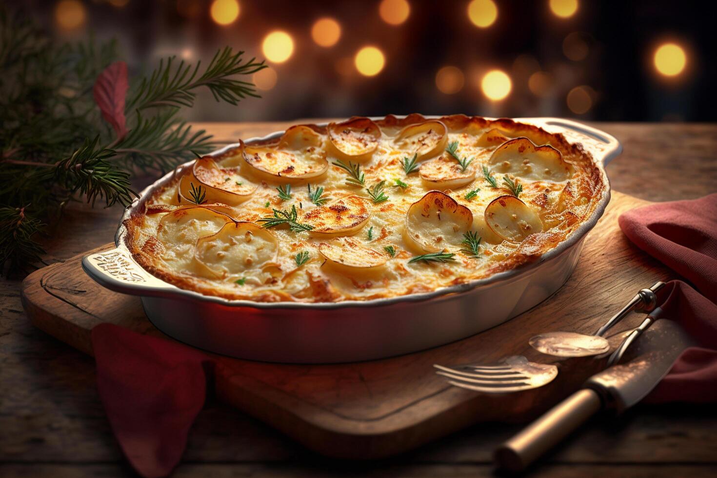 cremoso e delicioso gratinado dauphinois - uma clássico francês batata prato ai gerado foto