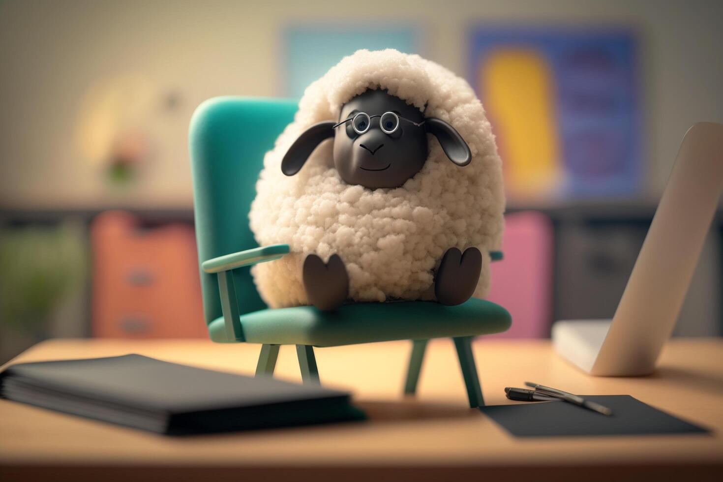 uma engraçado e fofa ovelha sentado dentro a executivo escritório cadeira ai gerado foto