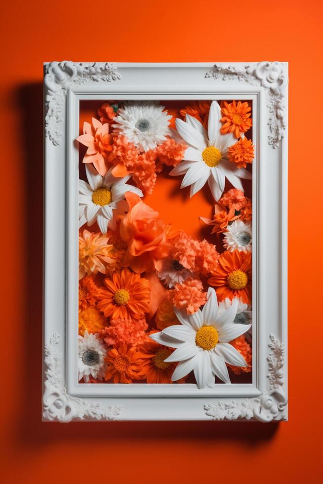 emoldurado laranja e branco floral flores em uma vibrante laranja fundo ai gerado foto