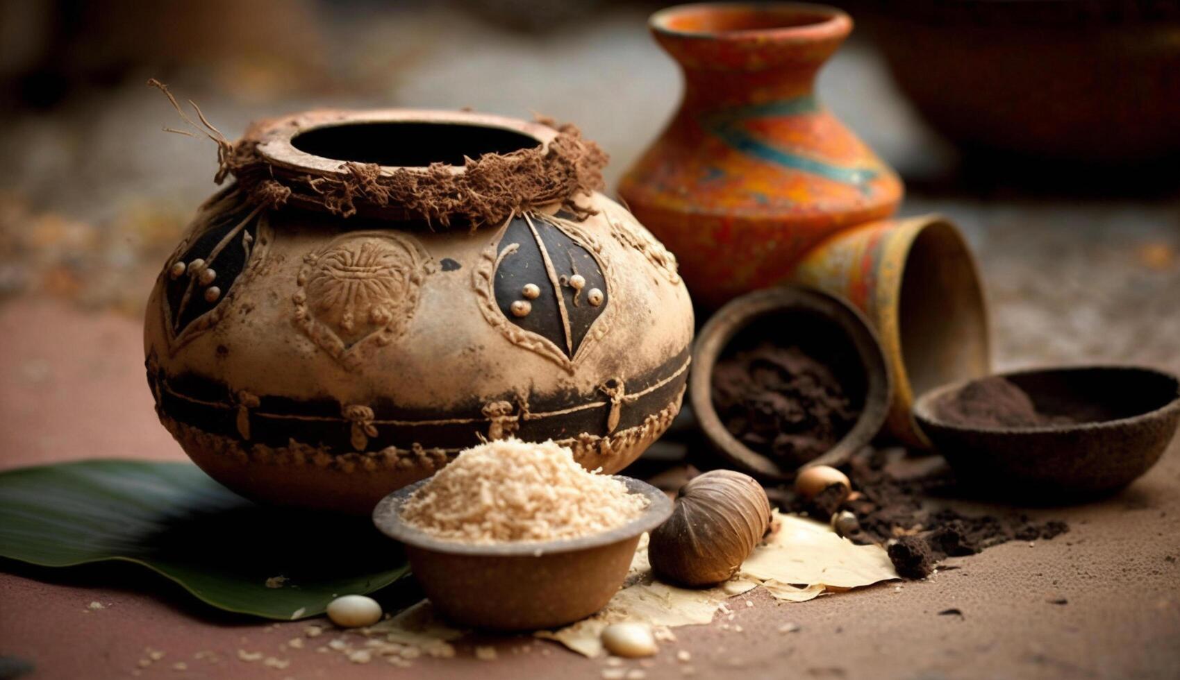 festivamente conjunto mesa para a indiano festival do pongal ai gerado foto