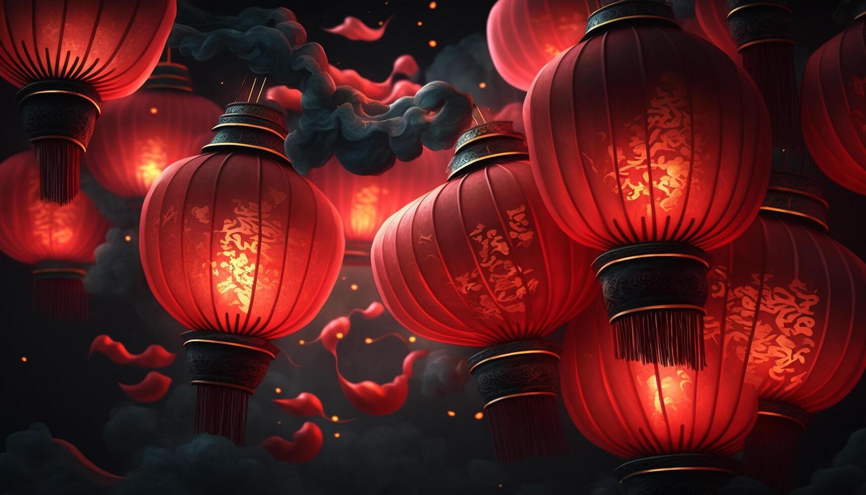encantador chinês Novo ano celebração com vermelho lanternas iluminador a noite ai gerado foto
