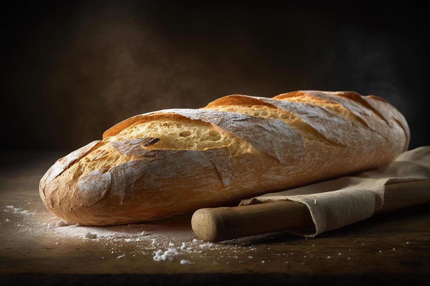 saciar dentro a crocantes e delicioso francês baguete dentro uma rústico configuração ai gerado foto