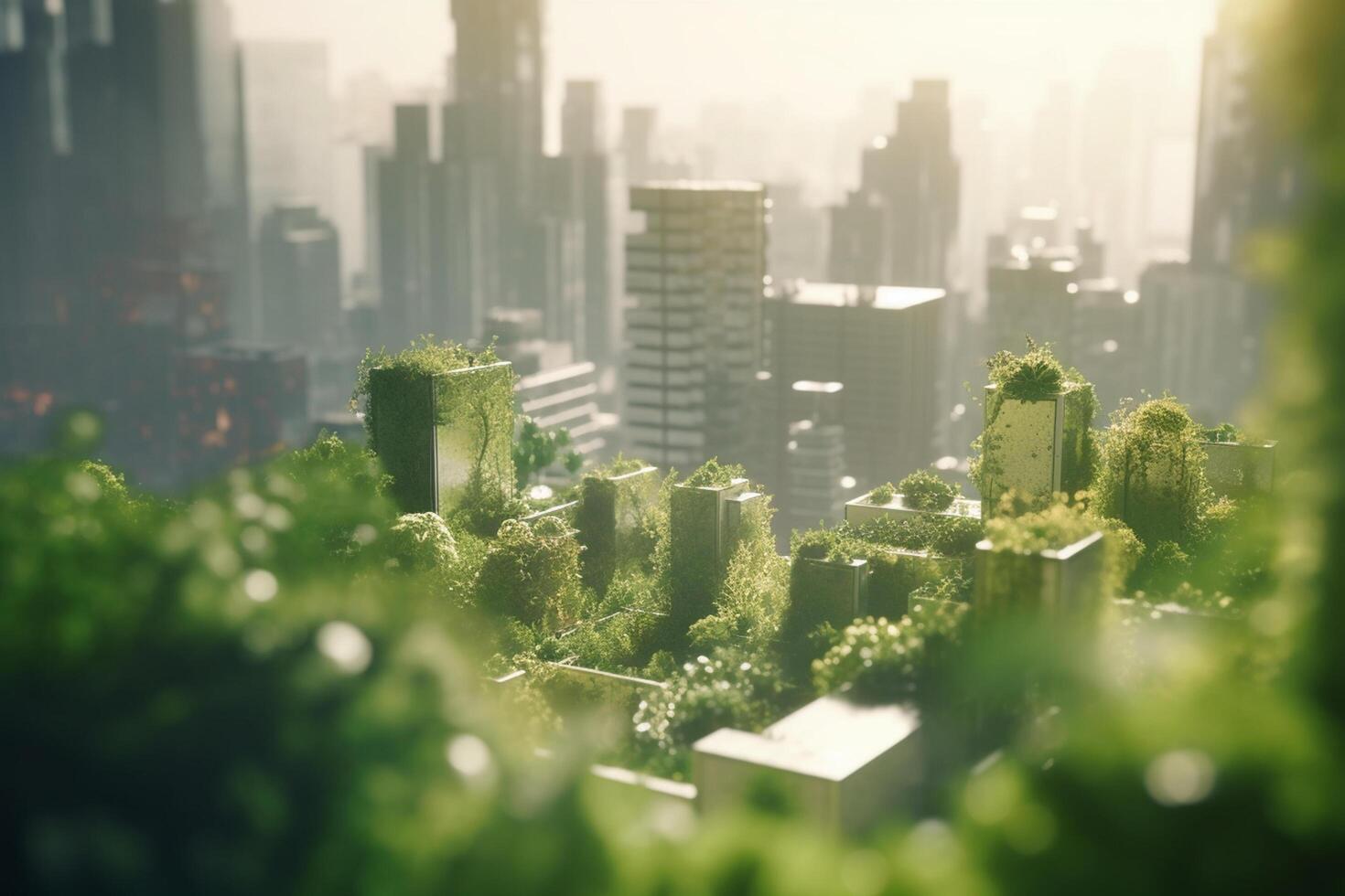 verde metrópole do a futuro alta tecnologia cidade com exuberante vegetação e Claro céu ai gerado foto