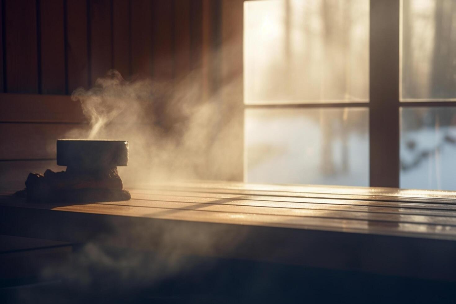 calmante sauna fuga uma Visão do iluminado pelo sol cheio de vapor serenidade ai gerado foto